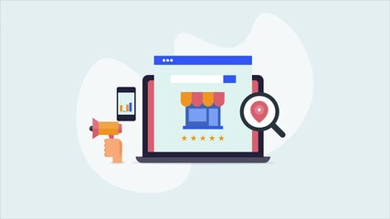 Online shopping, digital marketplace, ecommerce marketing, advertising and promotion concept. Local business seo strategy, 2d, explainer video animation.