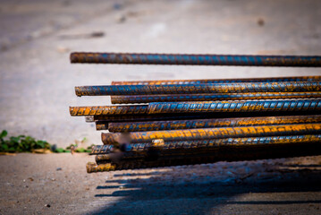 Construction worker Making Reinforcement steel rod and deformed bar with rebar at construction site.