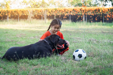 A young Asain girl playing football with her big black dog outside the grass ground in the yard in the evening. ,