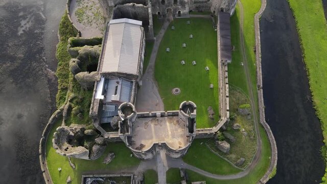 Top view of Caerphilly Castle surrounded by moat, South Wales, United Kingdom