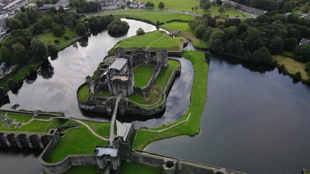 Medieval Caerphilly Castle in South Wales, UK, aerial view