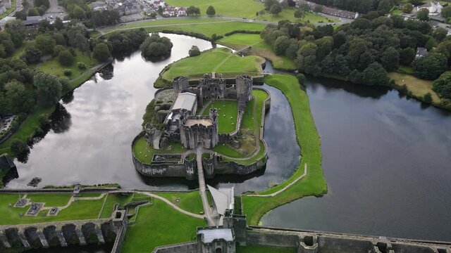 Welsh medieval architecture Caerphilly Castle aerial view
