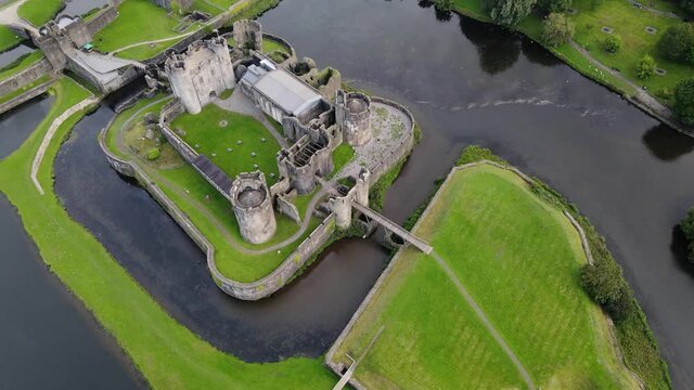 Aerial view on biggest castle in Wales in Caerphilly Castle, United Kingdom