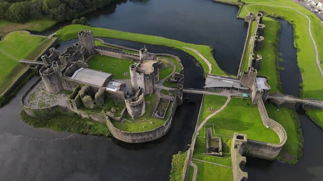 Spectacular aerial view on Caerphilly Castle in south Wales