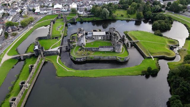 Aerial view on medieval Caerphilly Castle in South Wales, United Kingdom