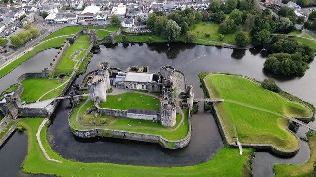 Aerial view of Caerphilly Castle, United Kingdom on sunny summer day