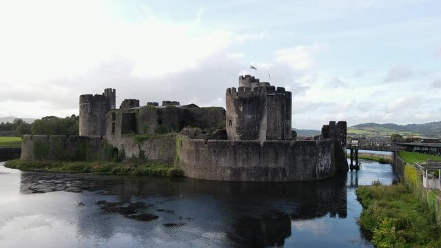 Moat and defensive wall of Caerphilly Castle in South Wales, UK