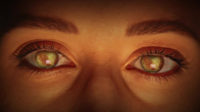 Caucasian female has flames in her eyes. We have more variations of the human eye, for more check out this seller's other videos.