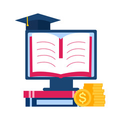 Graduation cost or fee, online scholarship, education loan budget, education savings and investment concept. Books, computer, stack of dollar coins and graduation hat in flat design.