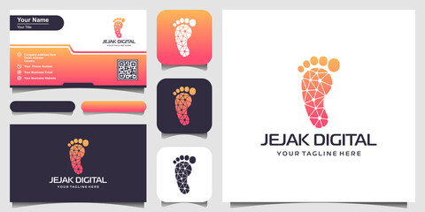 Digital tracking emblem. Research and analytic company. Biometric information protection. Footprint with chip pattern.