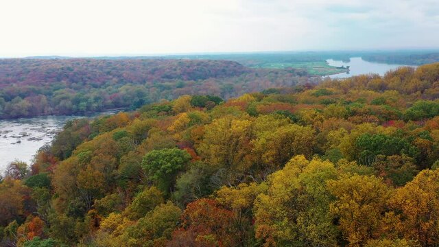 A flyover of trees exploding with fall colors. Green, red and orange merge into a sea of color and leaves. The Potomac in the background gives an aura of peace.