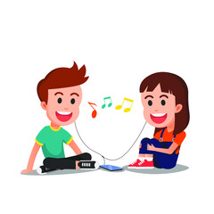 Two children listen to music together using earphone