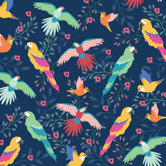 Naklejka premium Digitally generated illustration of beautiful tropical exotic parrot birds and floral leaves against