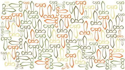Abstract illustration of multiple green and orange tie and bow icons in seamless pattern against whi