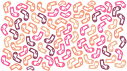 Abstract illustration of multiple pink and orange socks icons in seamless pattern against white back