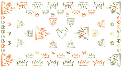 Abstract illustration of multicolor crown icons in seamless pattern against white background