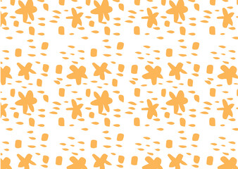 Abstract illustration of yellow stars and paint brush strokes in seamless pattern against white back