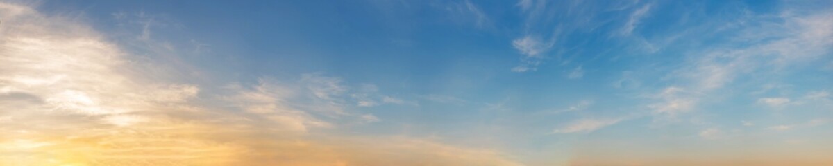 Dramatic panorama sky with cloud on sunrise and sunset time. Panoramic image...