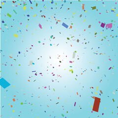 Falling multi coloured confetti falling on blue gradient background
