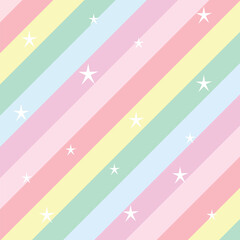 Multiple white stars over diagonal yellow, pink, green and blue stripes