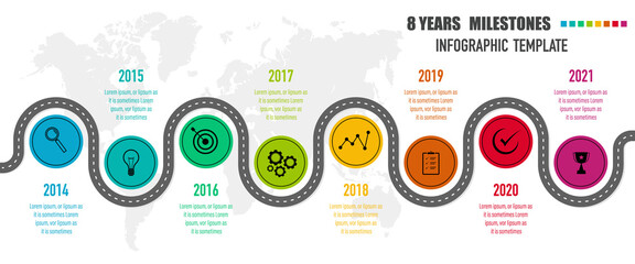 8 years roadmap, project milestones, timeline infographics for annual report and presentation	