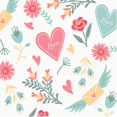Love text on pink heart and flowers on white background