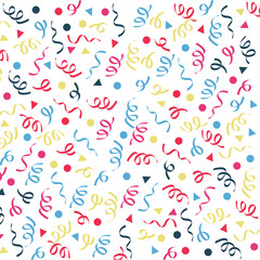 Pink, yellow and blue party poppers and shapes on white background