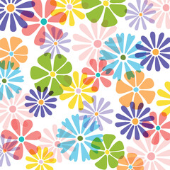 Multiple multi coloured overlapping flowers on white background