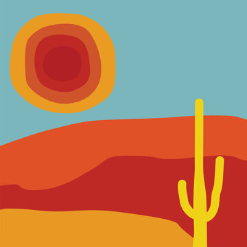 Red and orange sun with yellow cactus on blue background