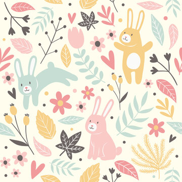 Yellow, pink and blue bunnies and floral botanic shapes on pale yellow background