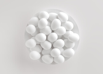 White eggs on a white plate in the center. White background. 3D rendering and 3D illustration.
