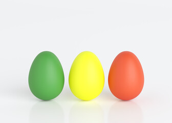 Three colored eggs on a white background. Easter holiday. 3D rendering and 3D illustration.