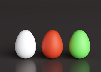 Three colorful eggs on a black background. Easter holiday. 3D rendering and 3D illustration.