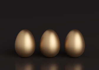 Three golden eggs on a black background. Easter holiday. 3D rendering and 3D illustration.