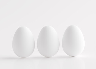 Three white eggs on a white background. Easter holiday. 3D rendering and 3D illustration.