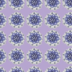 Doodle seamless pattern with hand drawn simple folk buds shapes in hand drawn style. Pastel purple background.