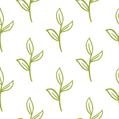 Fototapeta na wymiar Minimalistic isolated seamless pattern with outline green branches ornament. White background.