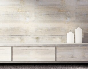 Empty room with wooden wall and cabinet with candles. 3D rendering.