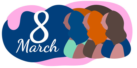 March 8 postcard for International Women's Day. women of different nationalities. beautifully flowing hair. Flat style