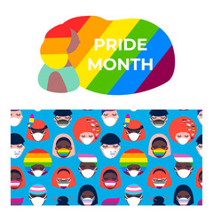 set of illustration and seamless pattern with people of different nationalities in medical face masks. LGBTQ Pride Month. Coronavirus pandemic. Covid-19