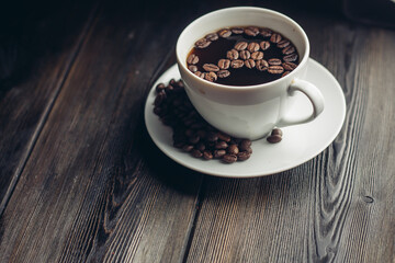 aromatic drink in cups coffee beans wooden table morning breakfast