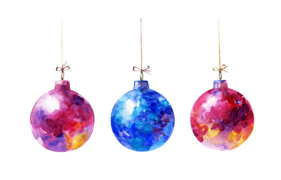 Colorful Christmas balls. Set of Christmas balls isolated on a white background. Colorful Christmas background painted in watercolor.