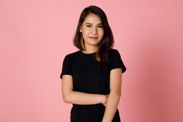 Fototapeta premium Active and sporty character young and cute Asian girl in t-shirt and shorts posing to the camera with self-confidence.