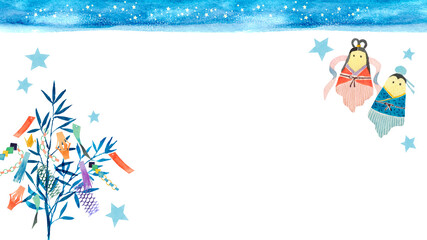 七夕 織姫と彦星　背景 フレーム　水彩 イラスト 横長