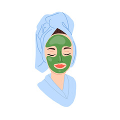 Beautiful young lady with mask on face and towel on hair. Vector hand drawn illustration.