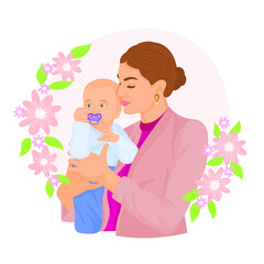Modern mommy carrying her baby among a garland of flowers 