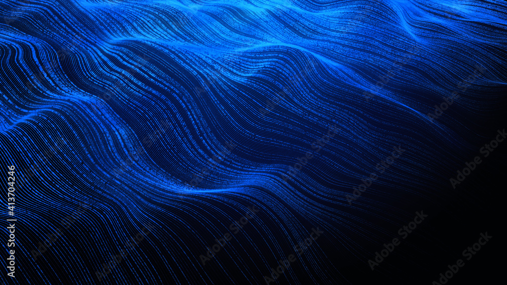 Poster blue digital particle wave flow abstract background. 3d rendering