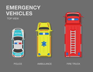 Driving a car. Top view of an emergency vehicles. Police, ambulance and fire brigade. Set of a flat vector illustration template. © flatvectors