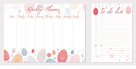 Set of day organization templates with tribal easter egg. Weekly planner and to do list. Festive Easter treat with folk pattern. Setting tasks for the day and for the week