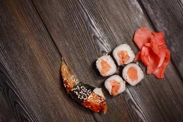 sushi rolls japan tradition wooden background set delicacy